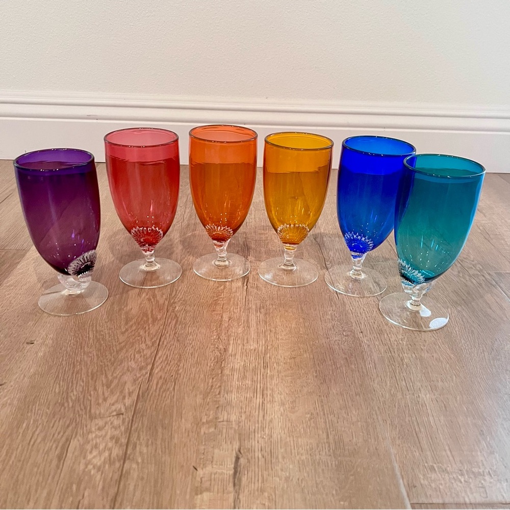 K Kahl‎ Glass 1992 Art Glass Water Goblet Signed 6 PCs 6” & 6.5” Vtg Amber AS IS